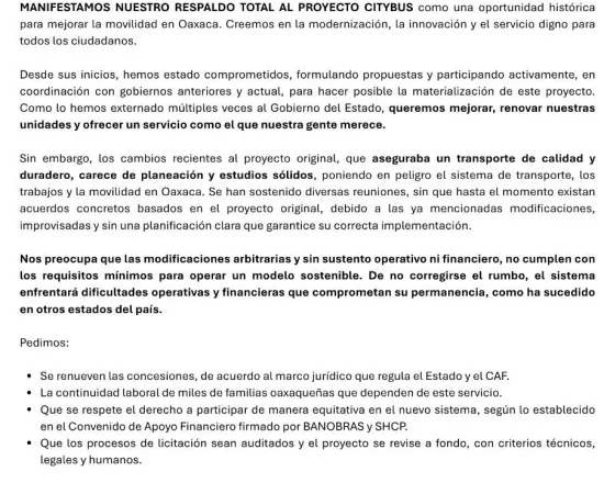 Se pronuncian concesionarios del transporte urbano en Oaxaca de Juárez 