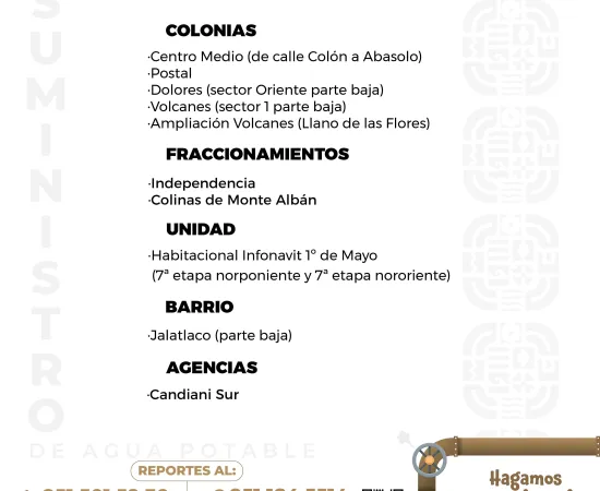 Agenda del suministro de agua potable para este martes 