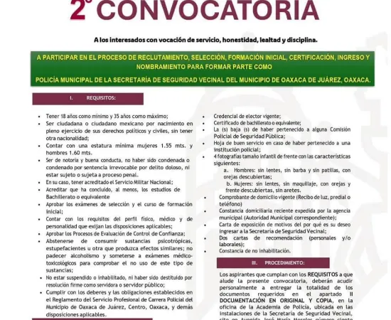 Lanza Municipio de Oaxaca de Juárez la Segunda Convocatoria para ingresar a la Policía Municipal