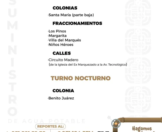 Agenda del suministro de agua potable para este martes 