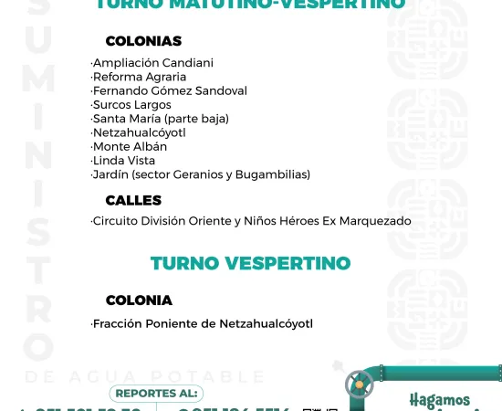 Agenda del suministro de agua potable de este jueves 