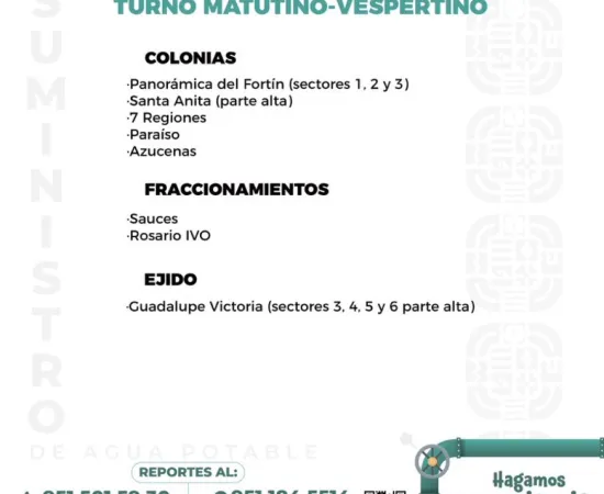 Agenda del suministro de agua potable para este jueves 