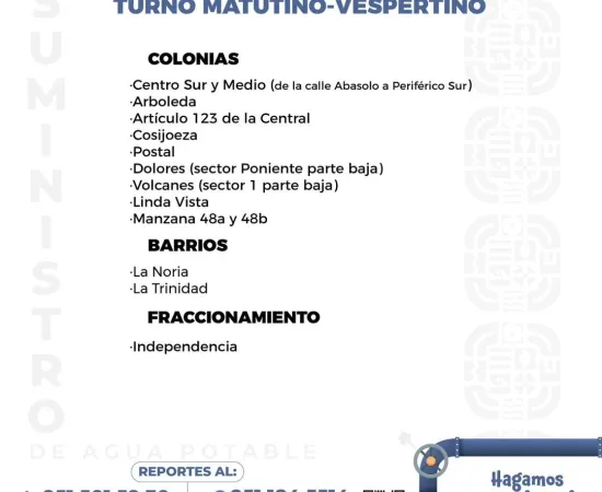 Agenda del suministro de agua potable para este sábado 