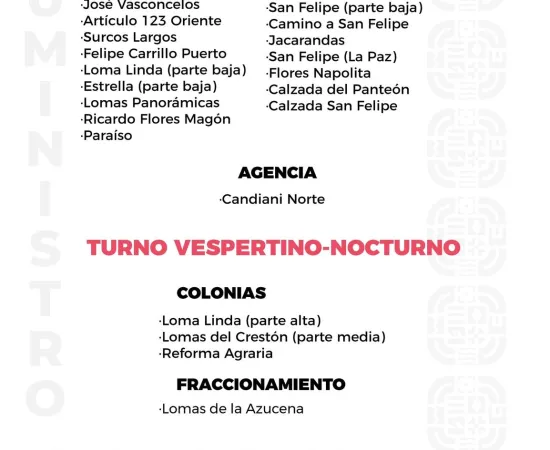 Agenda del suministro de agua potable para este lunes 