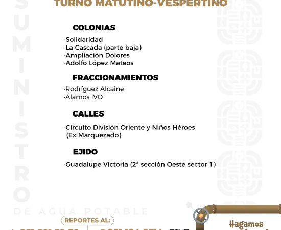 Agenda del suministro de agua potable de este martes