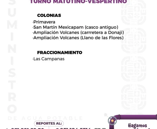 Agenda del suministro de agua potable para este viernes