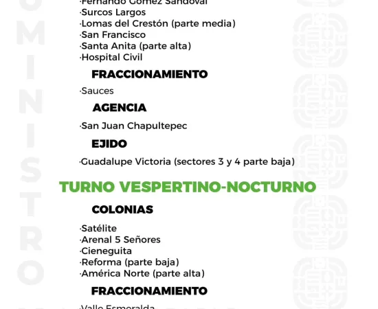 Agenda del suministro de agua potable para este domingo
