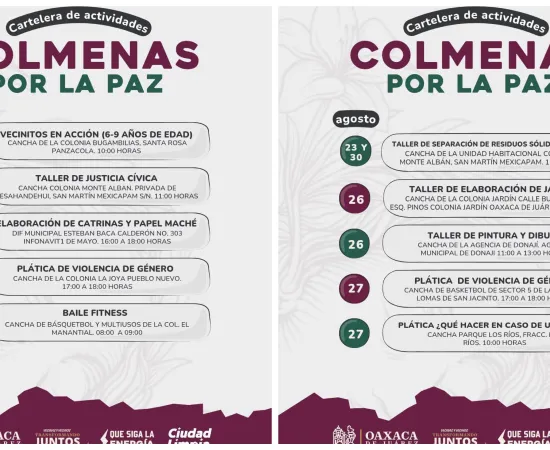 Actividades de Colmenas por la Paz llegan a colonias y agencias de Oaxaca de Juárez