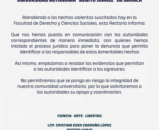 Comunicado de la UABJO ante hechos violentos en Facultad de Derecho