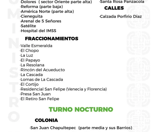 Agenda del suministro de agua potable para este domingo 