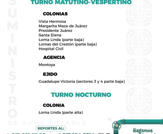Agenda del suministro de agua potable para este jueves