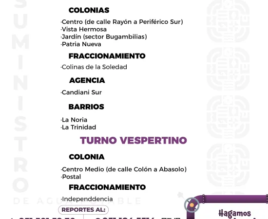 Agenda del suministro de agua potable para este viernes 
