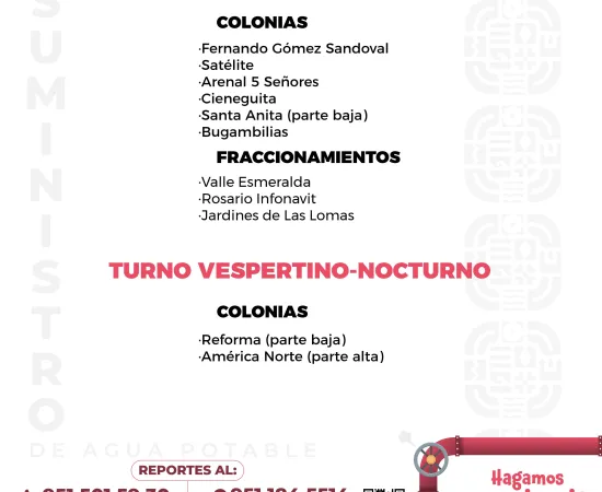 Agenda del suministro de agua potable para este lunes
