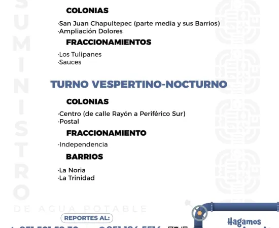 Agenda del suministro de agua potable para este sábado 