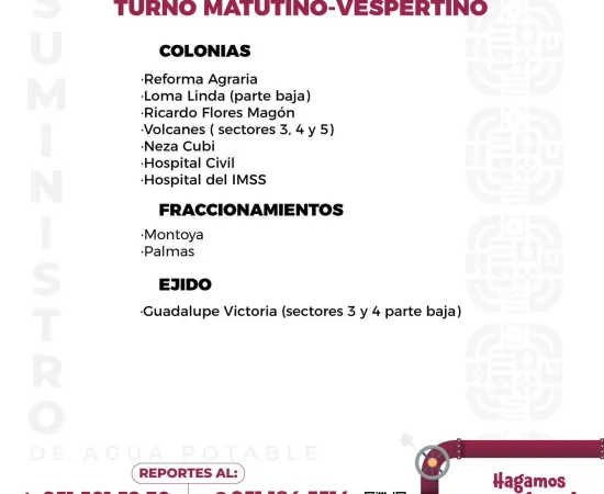 Agenda del suministro de agua potable para este miércoles 