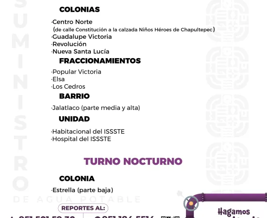 Agenda del suministro de agua potable para este viernes