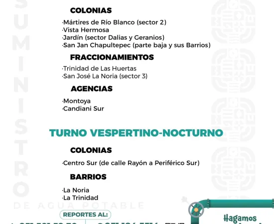 Agenda del suministro de agua potable para este jueves