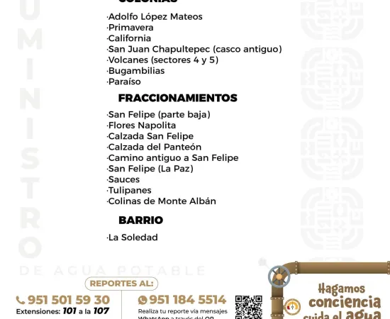 Agenda del suministro de agua potable para este martes