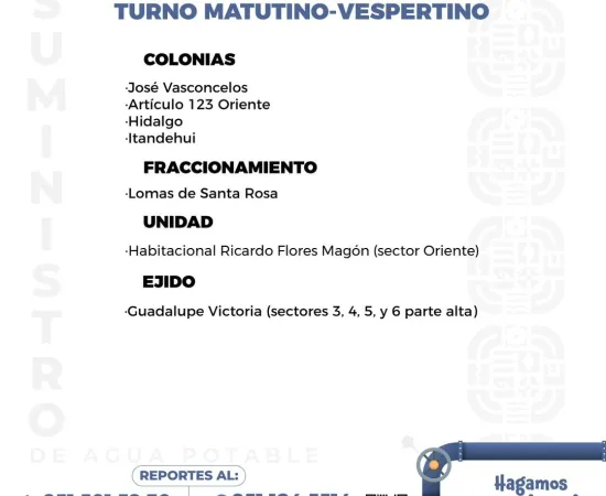 Agenda del suministro de agua potable para este sábado 