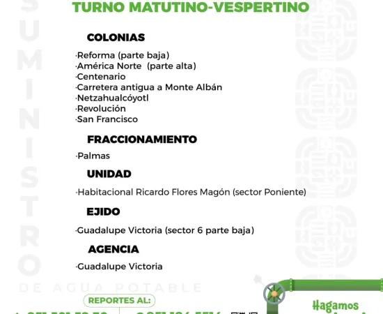Agenda del suministro de agua potable para este domingo