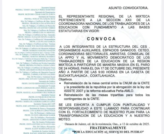 Sección 22 anuncia abanico de bloqueos y toma de establecimientos