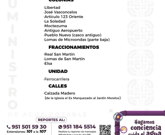 Agenda del suministro de agua potable para este viernes