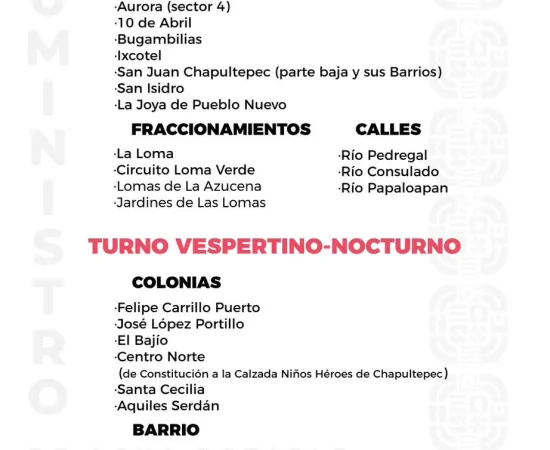 Agenda del suministro de agua potable para este lunes