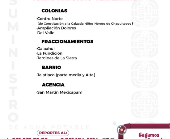 Agenda del suministro de agua potable para este miércoles 