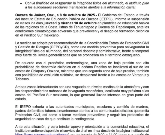 Por lluvias IEEPO llama a suspender clases en Costa, Istmo y Cuenca