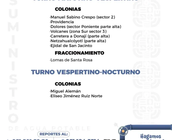 Agenda del suministro de agua potable para este sábado 