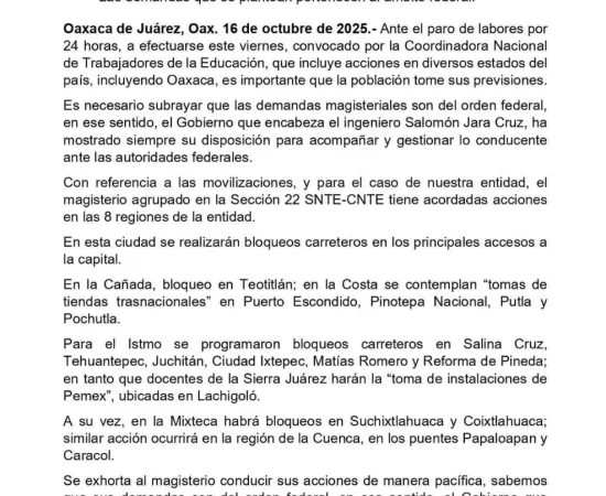 Emite IEEPO llamado a la ciudadanía a tomar previsiones ante movilización de maestros este viernes