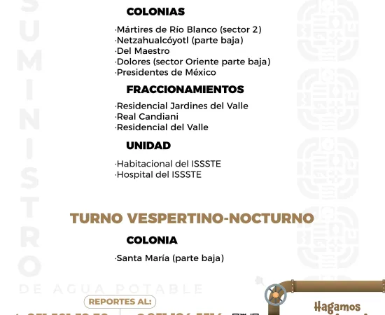 Agenda del suministro de agua potable para este lunes