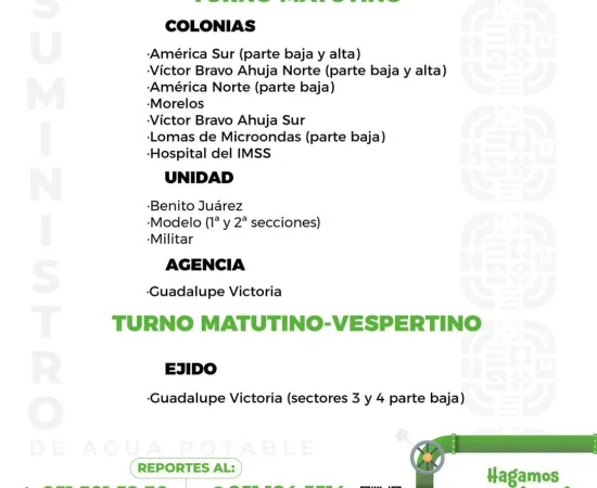 Agenda del suministro de agua potable para este domingo