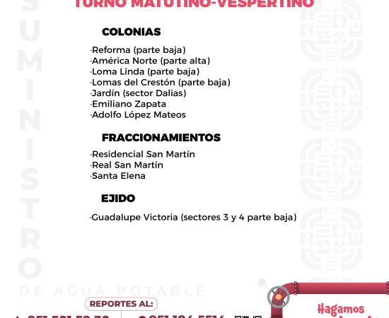 Agenda del suministro de agua potable para este lunes