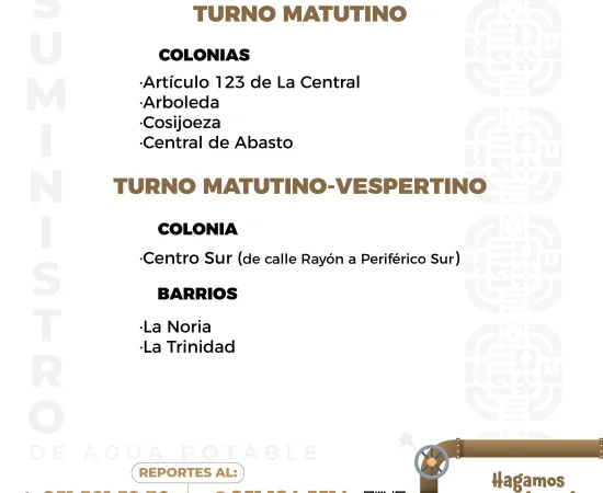 Agenda del suministro de agua potable para este martes