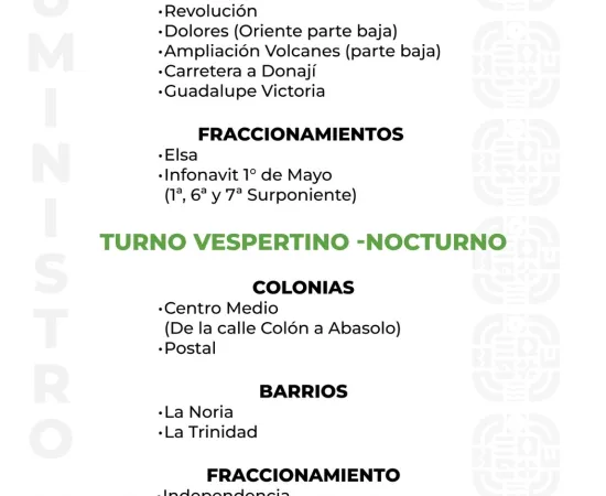 Agenda del suministro de agua potable para este domingo