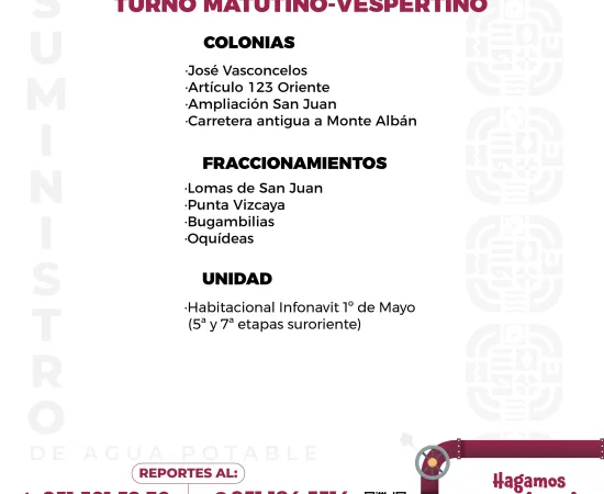 Agenda del suministro de agua potable para este miércoles 