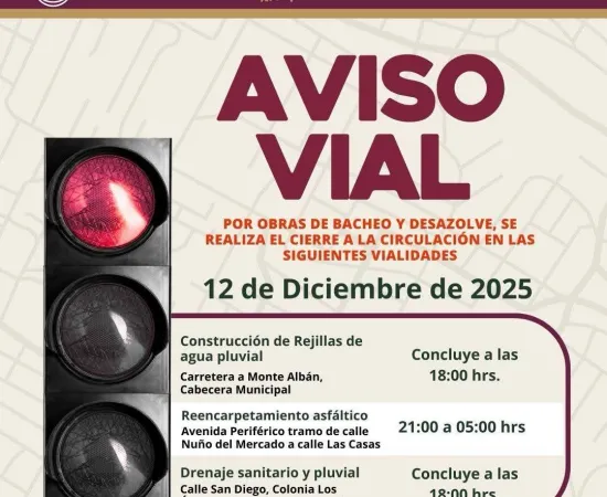 El municipio de Oaxaca de Juárez anuncia cierre temporales de calles por obras públicas.