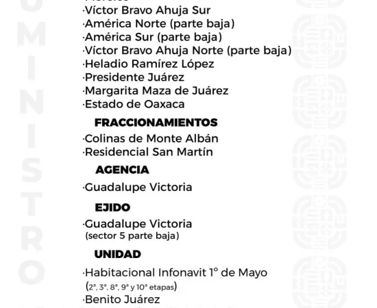 Agenda del suministro de agua potable para este domingo