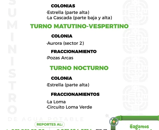 Agenda del suministro de agua potable para este domingo 