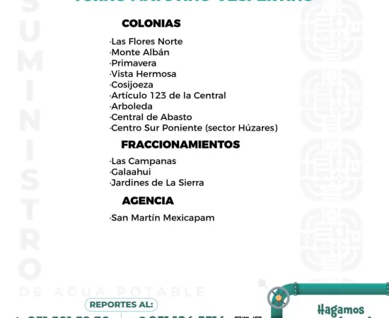 Agenda del suministro de agua potable para este jueves