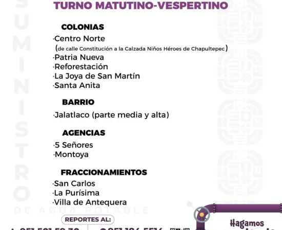 Agenda del suministro de agua potable para este viernes