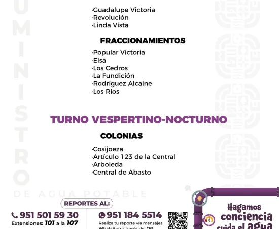 Agenda del suministro de agua potable para este viernes 