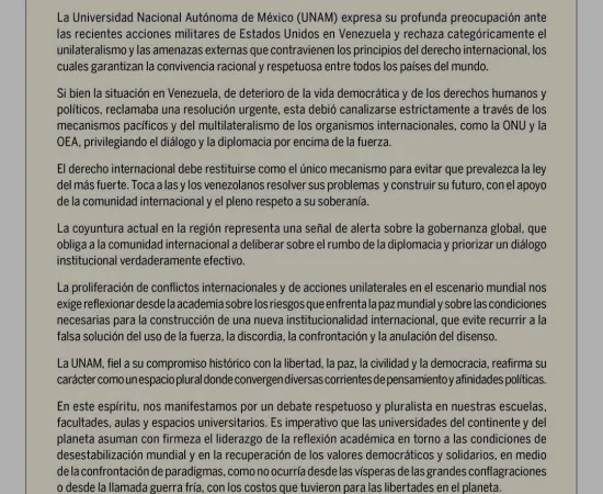 Posicionamiento de la UNAM sobre tema de Venezuela 