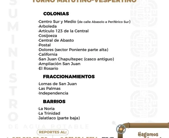 Agenda del suministro de agua potable para este lunes 