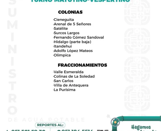 Agenda del suministro de agua potable para este miércoles 