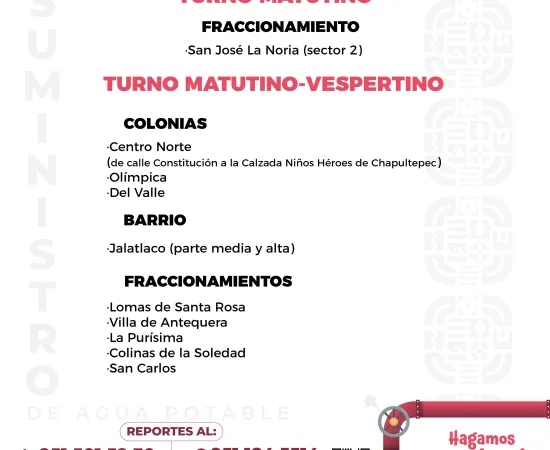 Agenda del suministro de agua potable para este lunes