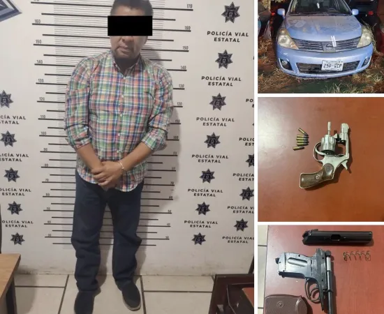 Asegura Policía Vial Estatal a 2 personas en filtros de alcoholimetría por portación de arma de fuego y conducción de auto robado