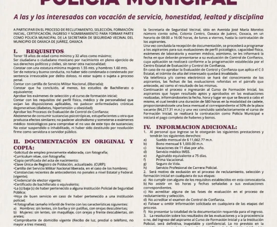 Emite Oaxaca de Juárez convocatoria para integrar la Policía Municipal