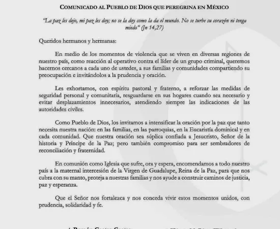 Episcopado mexicano llama a la prudencia y a la oración ante escala de violencia en el país